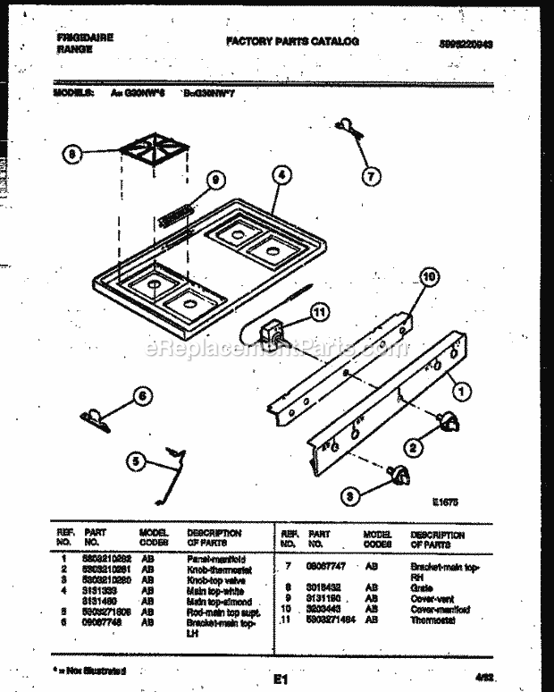 Frigidaire G30NL6 Freestanding, Gas Range Gas Cooktop Parts Diagram