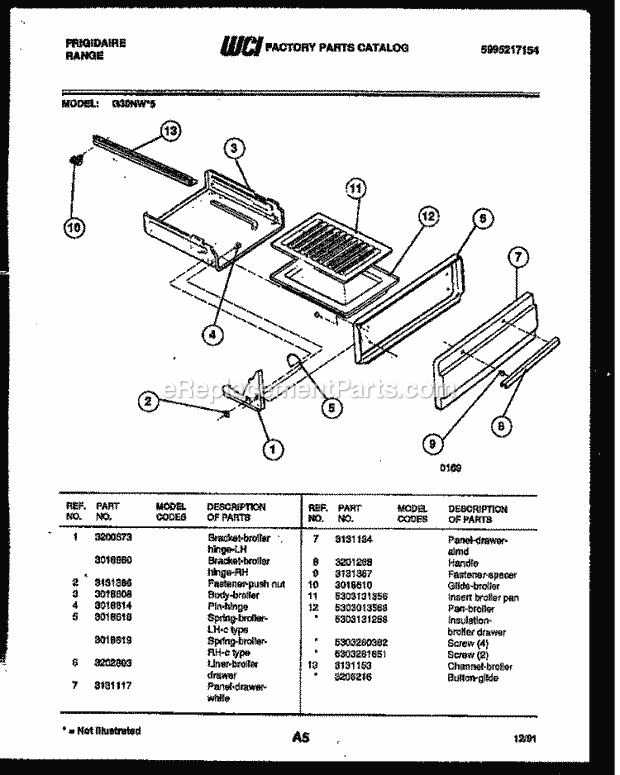 Frigidaire G30NW5 Freestanding, Gas Range Gas Broiler Drawer Parts Diagram