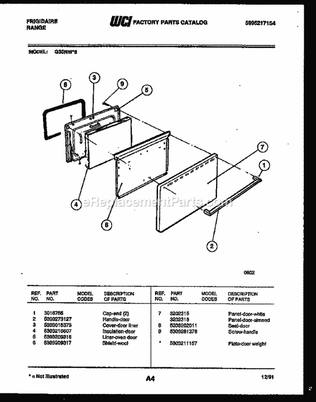 Frigidaire G30NW5 Freestanding, Gas Range Gas Door Parts Diagram