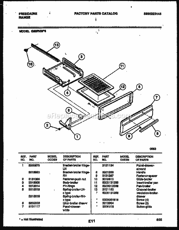 Frigidaire G30PNL6 Freestanding, Gas Range Gas Broiler Drawer Parts Diagram