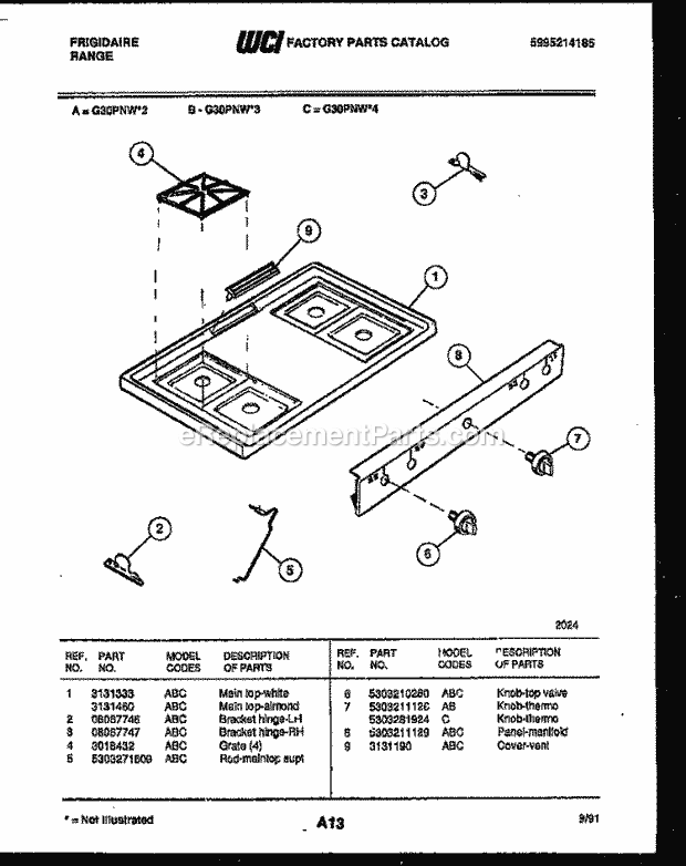 Frigidaire G30PNW2 Freestanding, Gas Range Gas Cooktop Parts Diagram