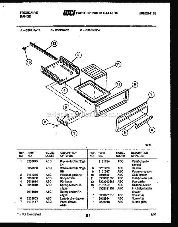 Frigidaire G30PNW3 Freestanding, Gas Range Gas Broiler Drawer Parts Diagram