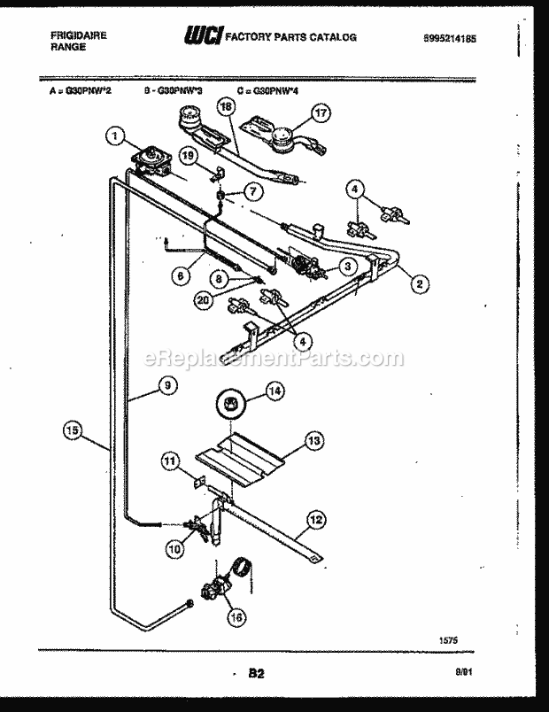 Frigidaire G30PNW3 Freestanding, Gas Range Gas Burner, Manifold and Gas Control Diagram