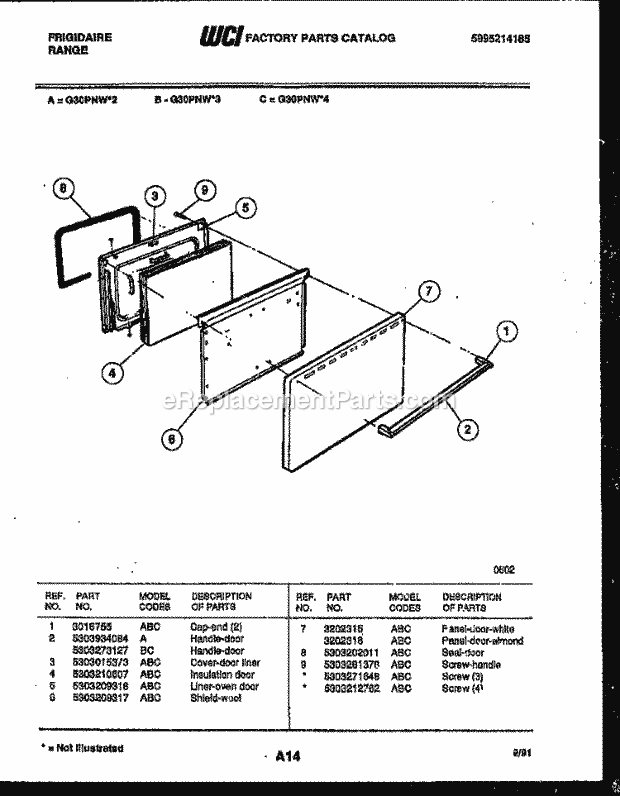 Frigidaire G30PNW3 Freestanding, Gas Range Gas Door Parts Diagram