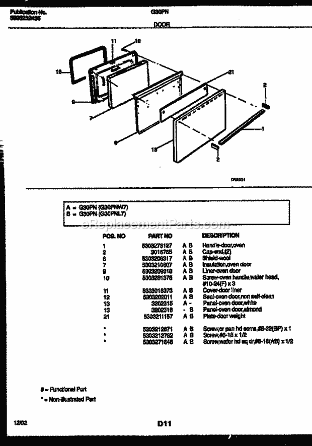 Frigidaire G30PNW7 Freestanding, Gas Gas Range Door Parts Diagram