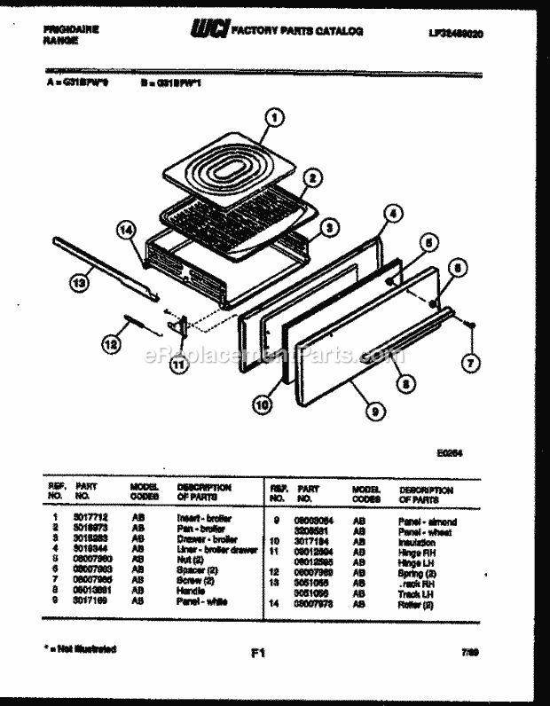 Frigidaire G31BFL1 Freestanding, Gas Range Gas Broiler Drawer Parts Diagram