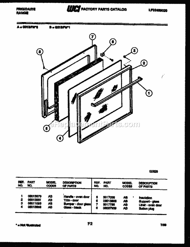 Frigidaire G31BFL1 Freestanding, Gas Range Gas Door Parts Diagram