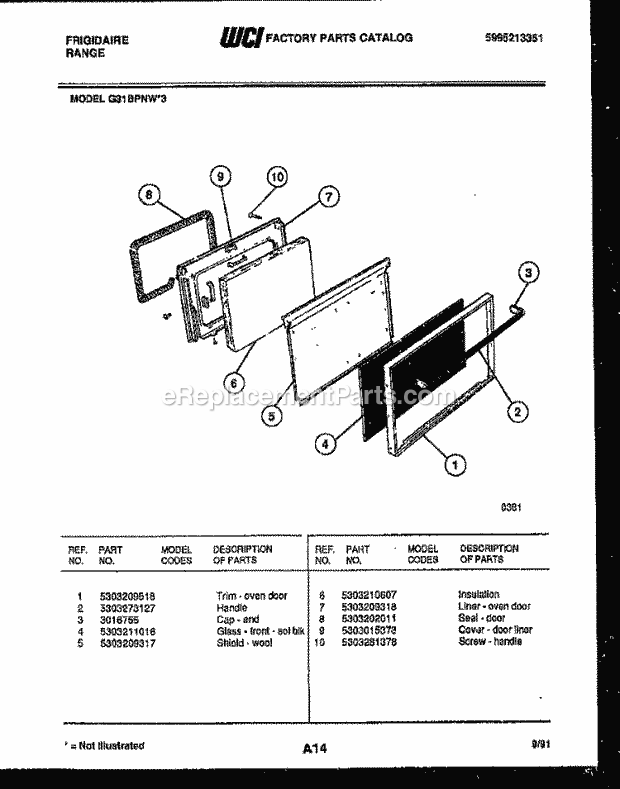 Frigidaire G31BPNL3 Freestanding, Gas Range Gas Door Parts Diagram