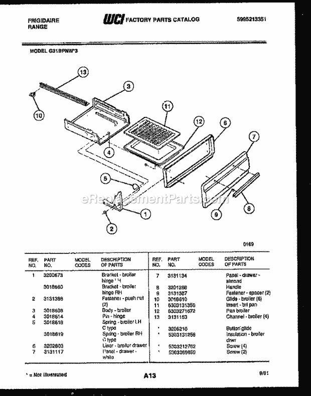 Frigidaire G31BPNW3 Freestanding, Gas Range Gas Broiler Drawer Parts Diagram