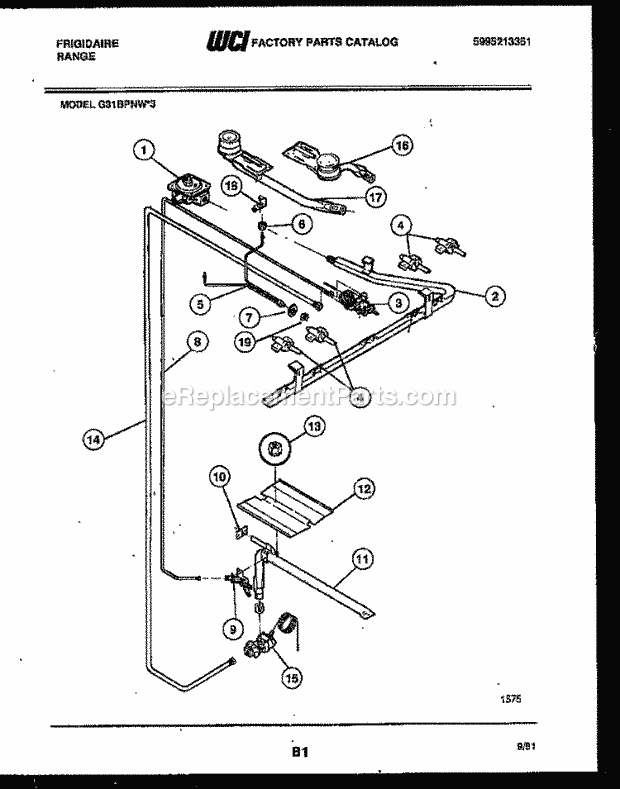 Frigidaire G31BPNW3 Freestanding, Gas Range Gas Burner, Manifold and Gas Control Diagram