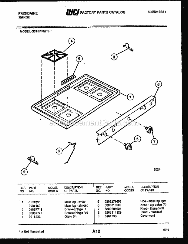 Frigidaire G31BPNW3 Freestanding, Gas Range Gas Cooktop Parts Diagram