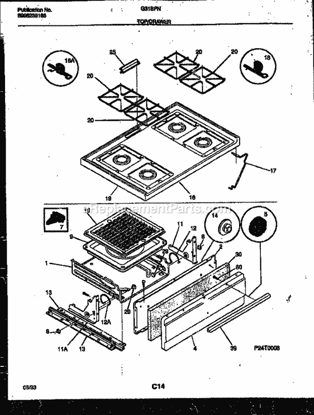 Frigidaire G31BPNW6 Freestanding, Gas Range Gas Cooktop and Broiler Drawer Parts Diagram