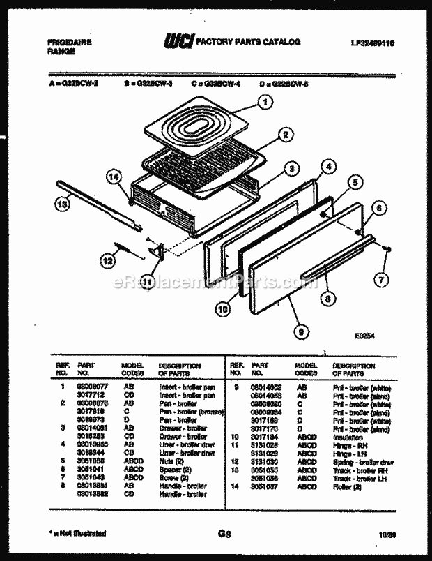 Frigidaire G32BCW3 Freestanding, Gas Range Gas Broiler Drawer Parts Diagram