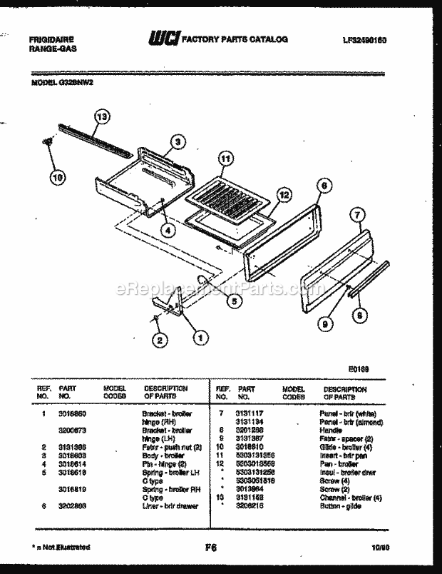 Frigidaire G32BNL2 Freestanding, Gas Range Gas Broiler Drawer Parts Diagram