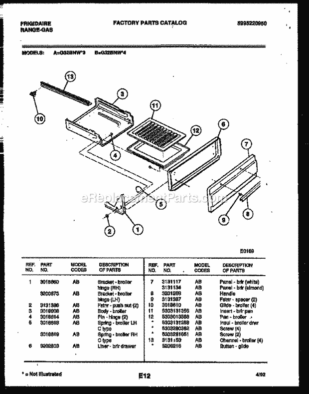 Frigidaire G32BNL3 Freestanding, Gas Range Gas Broiler Drawer Parts Diagram