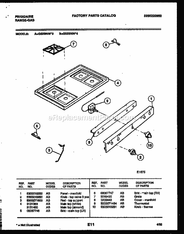 Frigidaire G32BNL3 Freestanding, Gas Range Gas Cooktop Parts Diagram