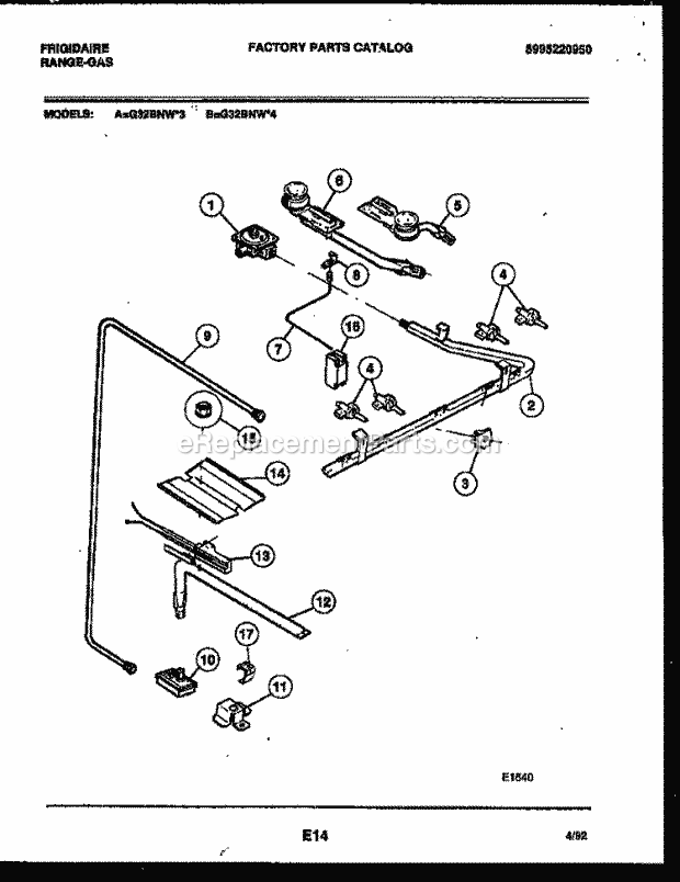 Frigidaire G32BNL4 Freestanding, Gas Range Gas Burner, Manifold and Gas Control Diagram