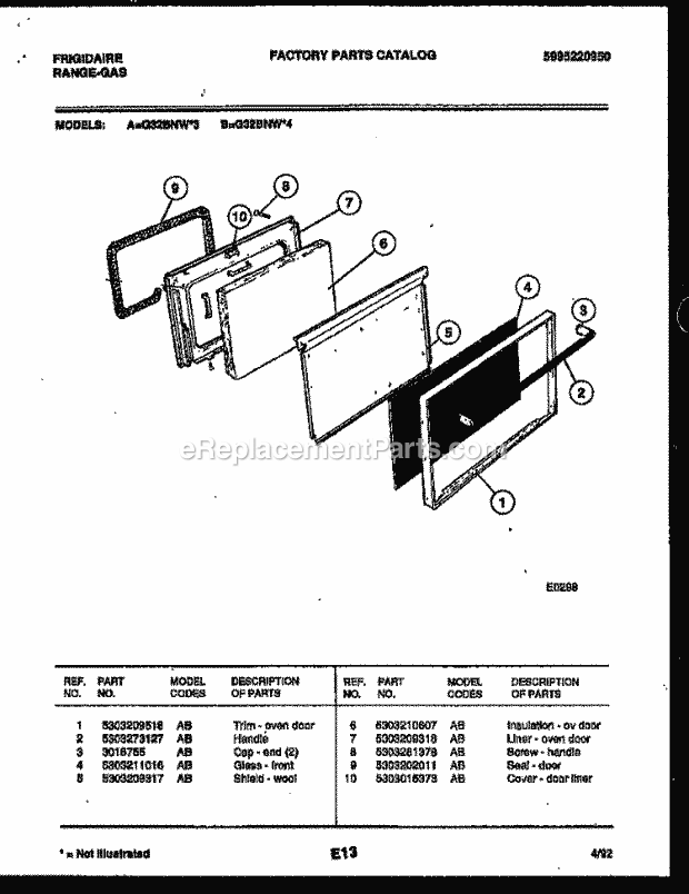 Frigidaire G32BNW3 Freestanding, Gas Range Gas Door Parts Diagram