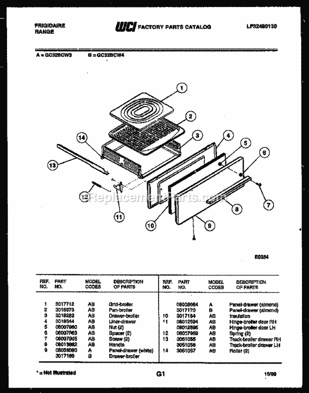 Frigidaire GC32BCW4 Freestanding, Gas Range Gas Broiler Drawer Parts Diagram