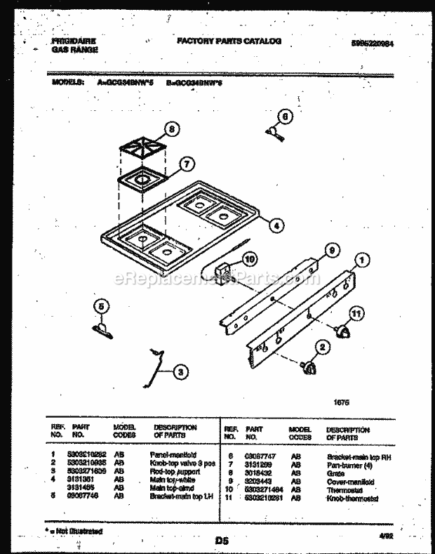 Frigidaire GCG34BNL6 Freestanding, Gas Range Gas Cooktop Parts Diagram