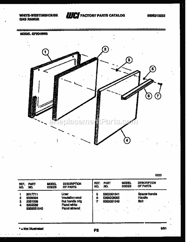 Frigidaire GF201ND3 Wwh(V2) / Gas Range Door Parts Diagram