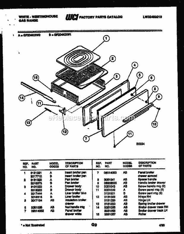 Frigidaire GF204KXW1 Wwh(V3) / Gas Range Broiler Drawer Parts Diagram