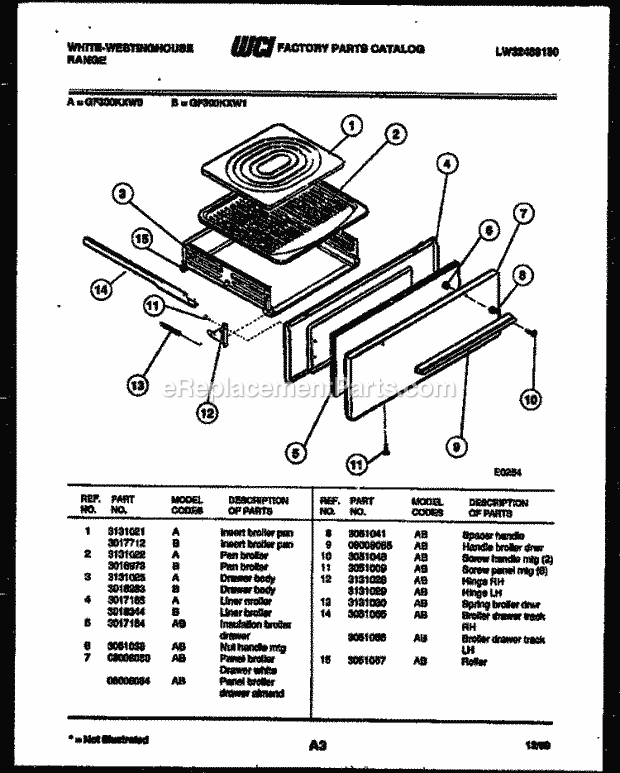 Frigidaire GF300KXD0 Wwh(V2) / Gas Range Broiler Drawer Parts Diagram