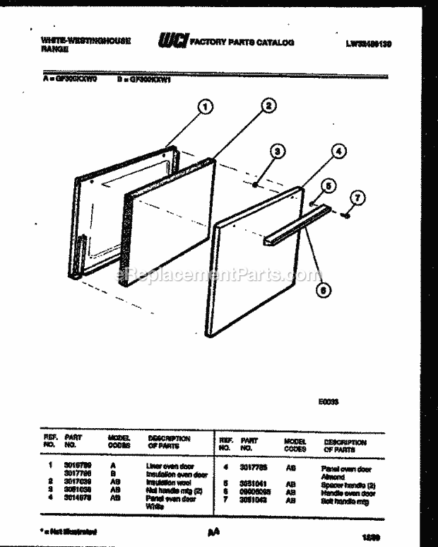 Frigidaire GF300KXD0 Wwh(V2) / Gas Range Door Parts Diagram