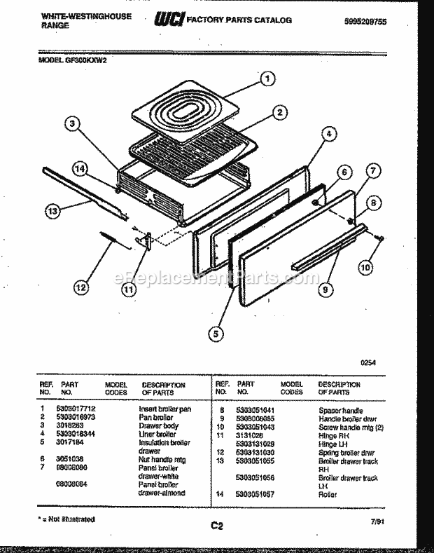 Frigidaire GF300KXW2 Wwh(V1) / Gas Range Broiler Drawer Parts Diagram