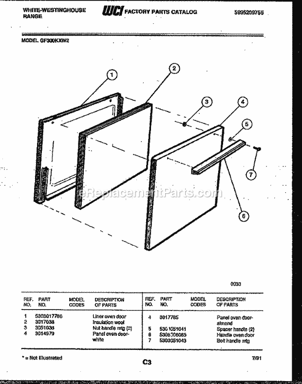 Frigidaire GF300KXW2 Wwh(V1) / Gas Range Door Parts Diagram