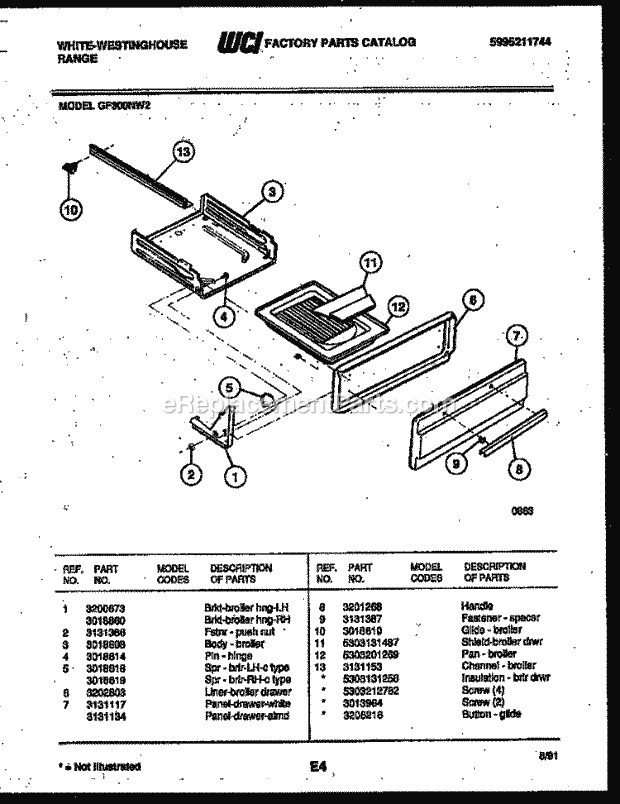 Frigidaire GF300ND2 Wwh(V2) / Gas Range Broiler Drawer Parts Diagram