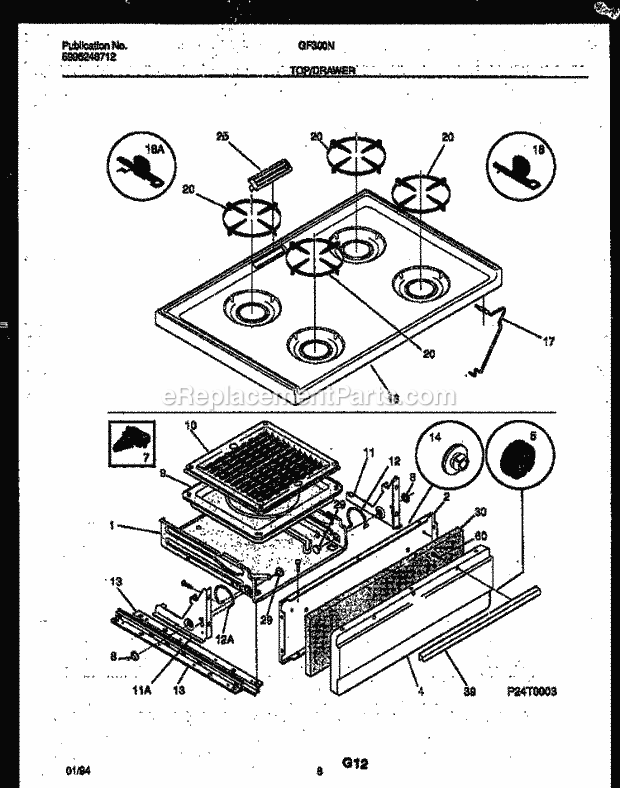 Frigidaire GF300ND8 Wwh(V2) / Gas Range Cooktop and Broiler Drawer Parts Diagram