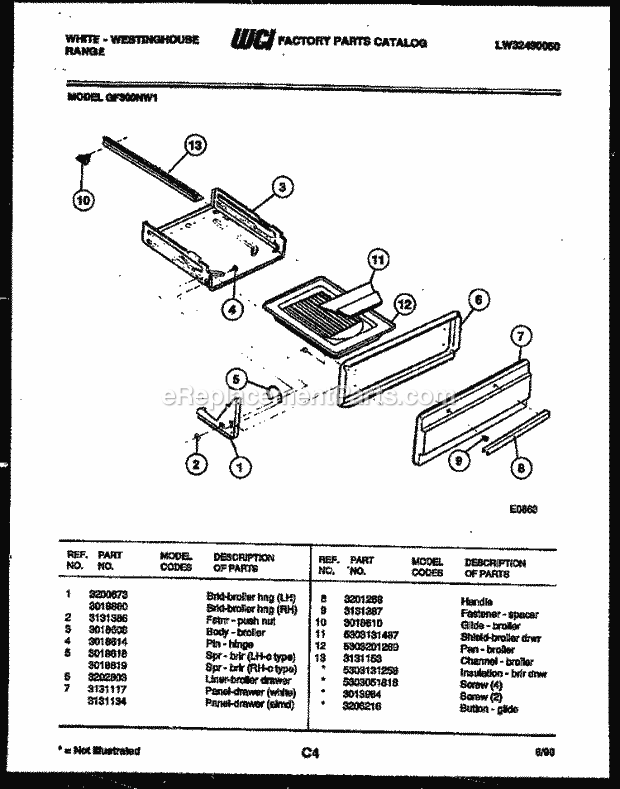 Frigidaire GF300NW1 Wwh(V1) / Gas Range Broiler Drawer Parts Diagram