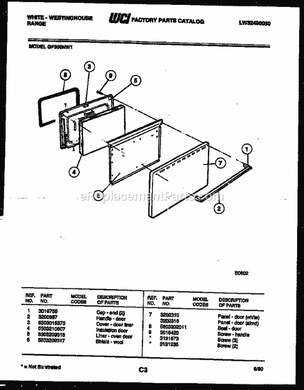 Frigidaire GF300NW1 Wwh(V1) / Gas Range Door Parts Diagram