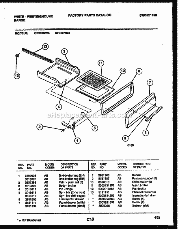 Frigidaire GF300NW5 Wwh(V3) / Gas Range Broiler Drawer Parts Diagram