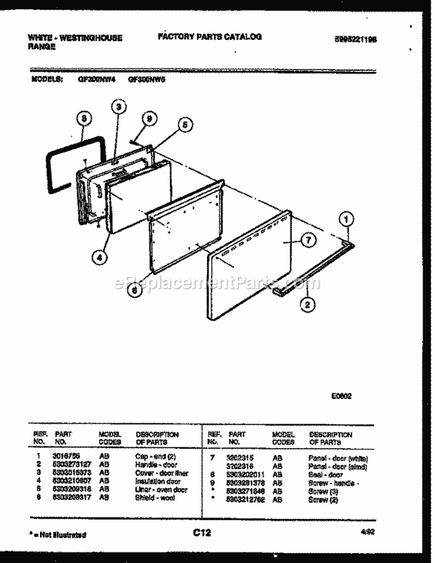 Frigidaire GF300NW5 Wwh(V3) / Gas Range Door Parts Diagram