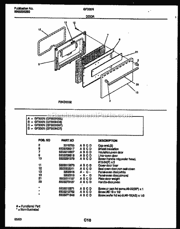 Frigidaire GF300NW6 Wwh(V1) / Gas Range Door Parts Diagram