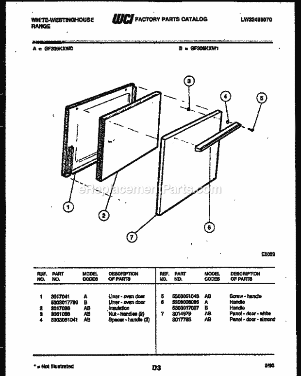 Frigidaire GF306KXD1 Wwh(V4) / Gas Range Door Parts Diagram