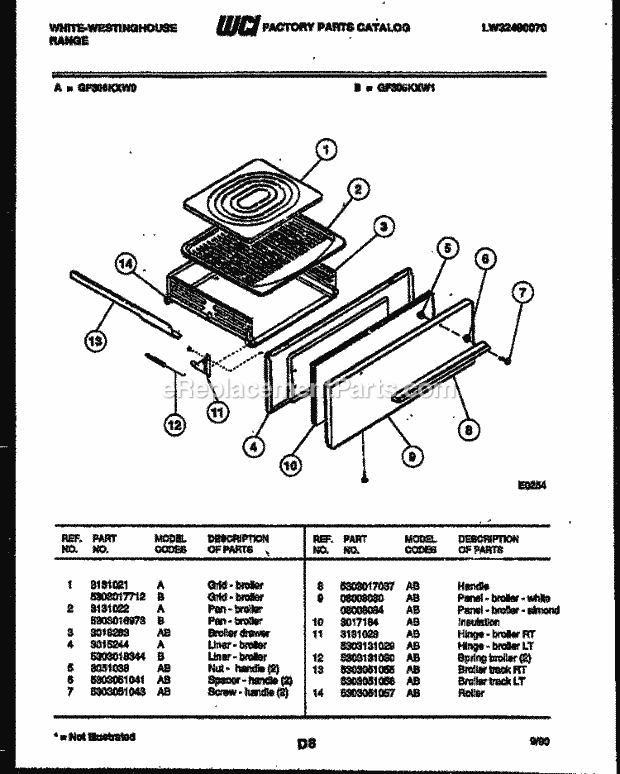 Frigidaire GF306KXW0 Wwh(V1) / Gas Range Broiler Drawer Parts Diagram