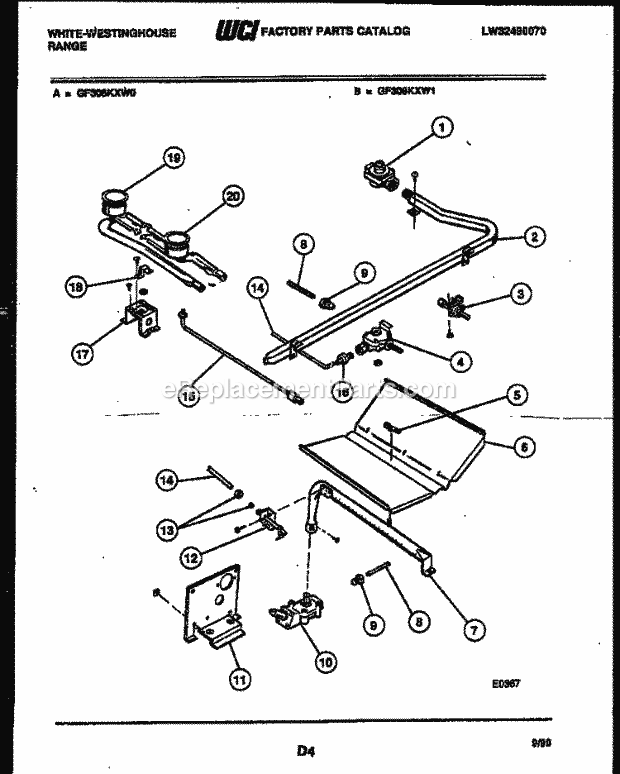 Frigidaire GF306KXW1 Wwh(V3) / Gas Range Burner, Manifold and Gas Control Diagram