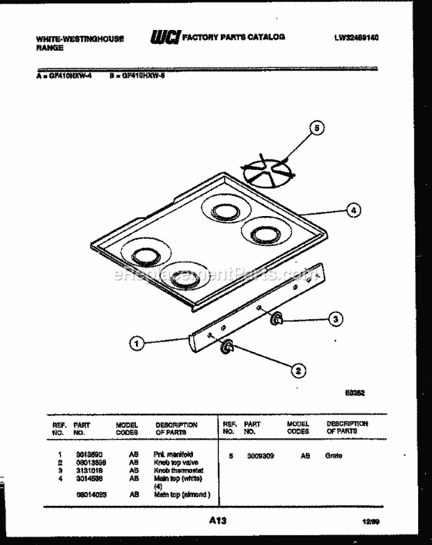 Frigidaire GF410HXW4 Wwh(V1) / Range Cooktop Parts Diagram