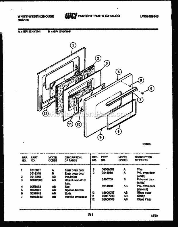 Frigidaire GF410HXW4 Wwh(V1) / Range Door Parts Diagram