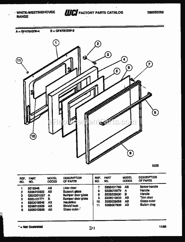 Frigidaire GF470HXD5 Wwh(V4) / Gas Range Door Parts Diagram