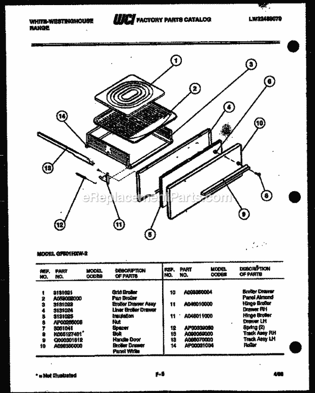 Frigidaire GF501HXW2 Wwh(V1) / Gas Range Broiler Drawer Parts Diagram