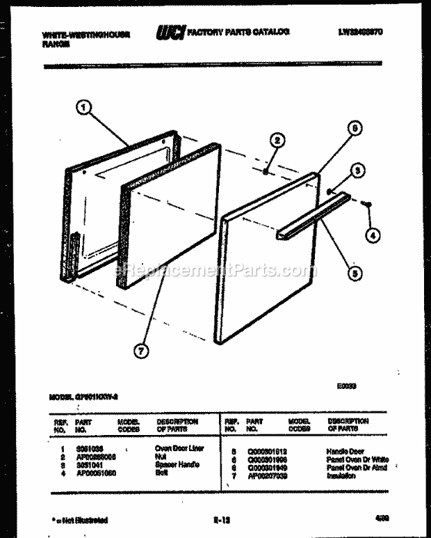 Frigidaire GF501HXW2 Wwh(V1) / Gas Range Door Parts Diagram