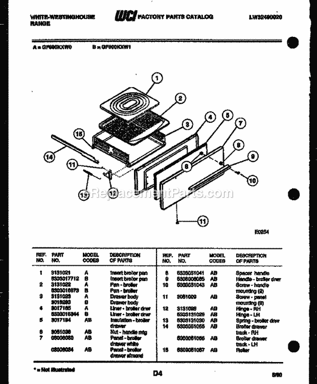 Frigidaire GF600KXW0 Wwh(V1) / Gas Range Broiler Drawer Parts Diagram