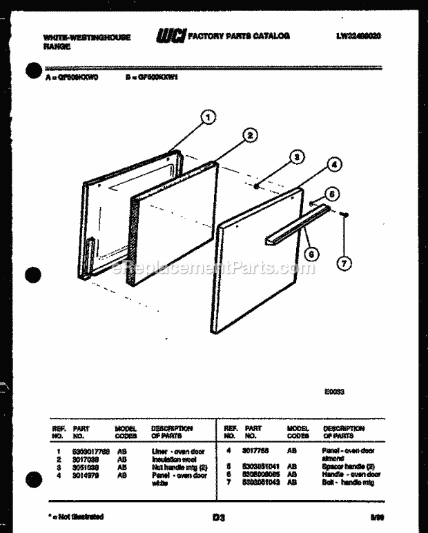 Frigidaire GF600KXW0 Wwh(V1) / Gas Range Door Parts Diagram
