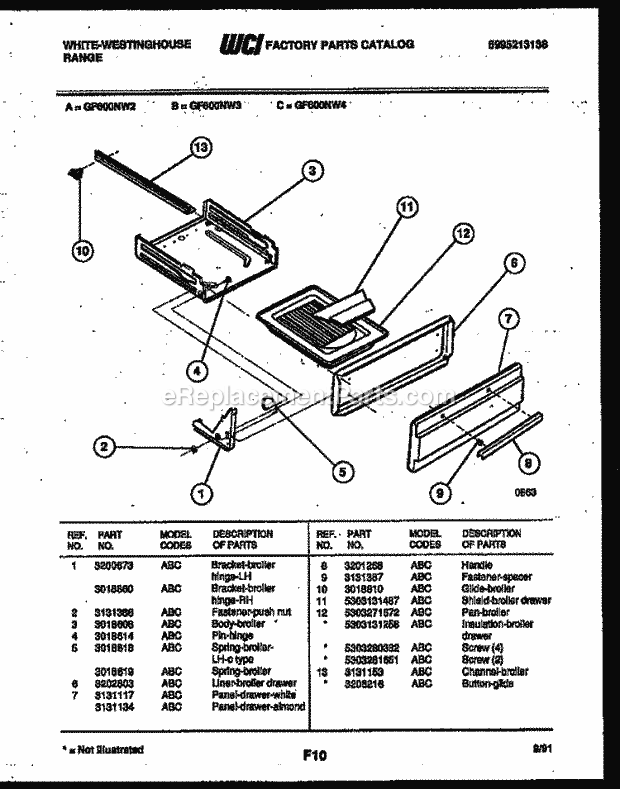 Frigidaire GF600NW3 Wwh(V3) / Gas Range Broiler Drawer Parts Diagram