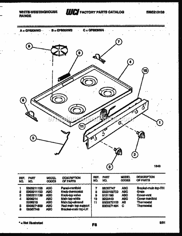 Frigidaire GF600NW3 Wwh(V3) / Gas Range Cooktop Parts Diagram