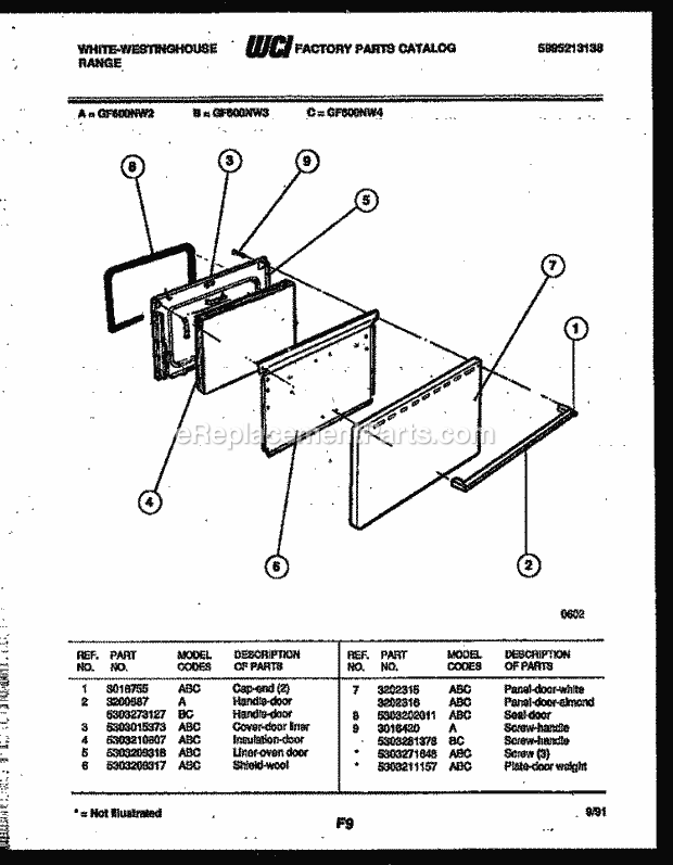 Frigidaire GF600NW3 Wwh(V3) / Gas Range Door Parts Diagram